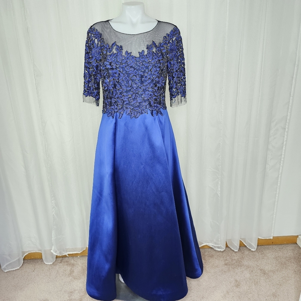 Teri Jon Blue Embroidered Beaded Bodice A-line Formal Gown 12